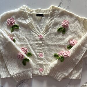 Elegant Cream Cardigan with Pink Floral Embroidery